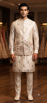 Ivory Silk Peacock Embroidered Jacket Kurta Set