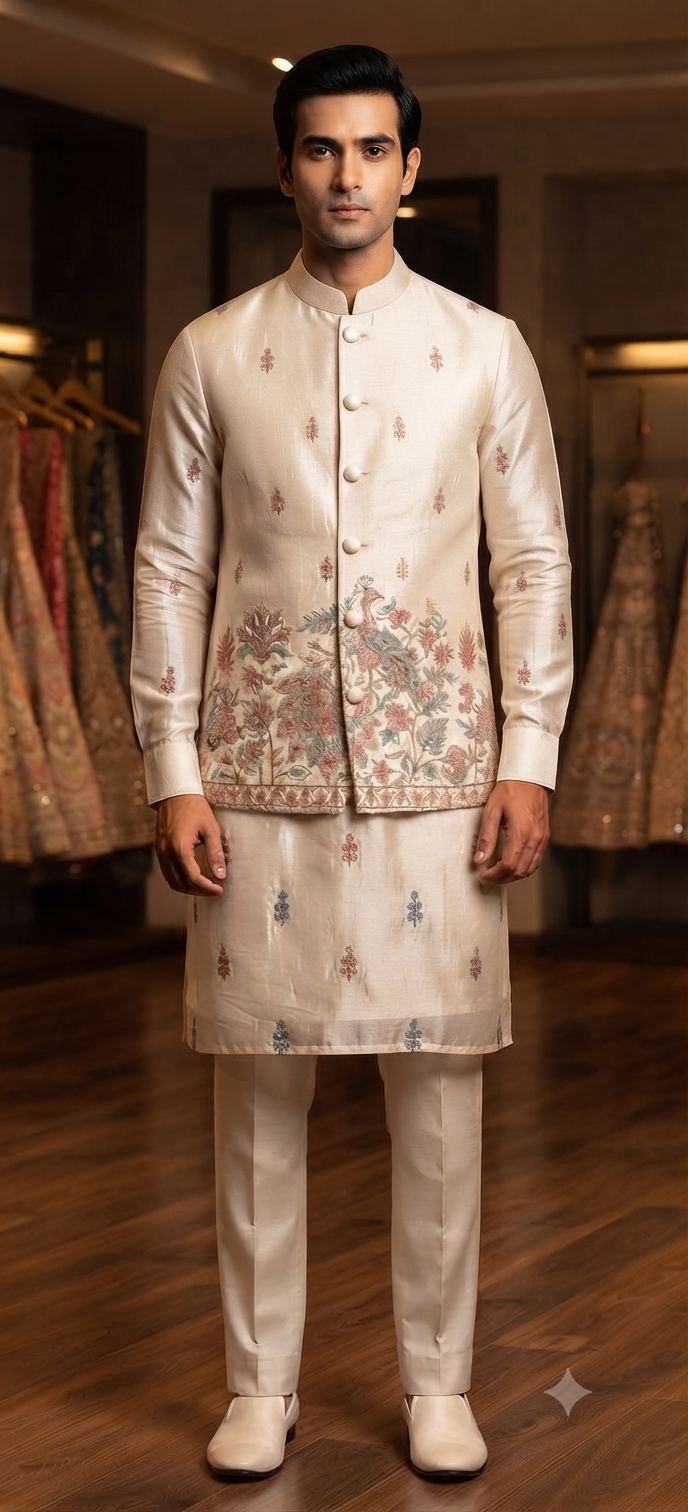Ivory Silk Peacock Embroidered Jacket Kurta Set