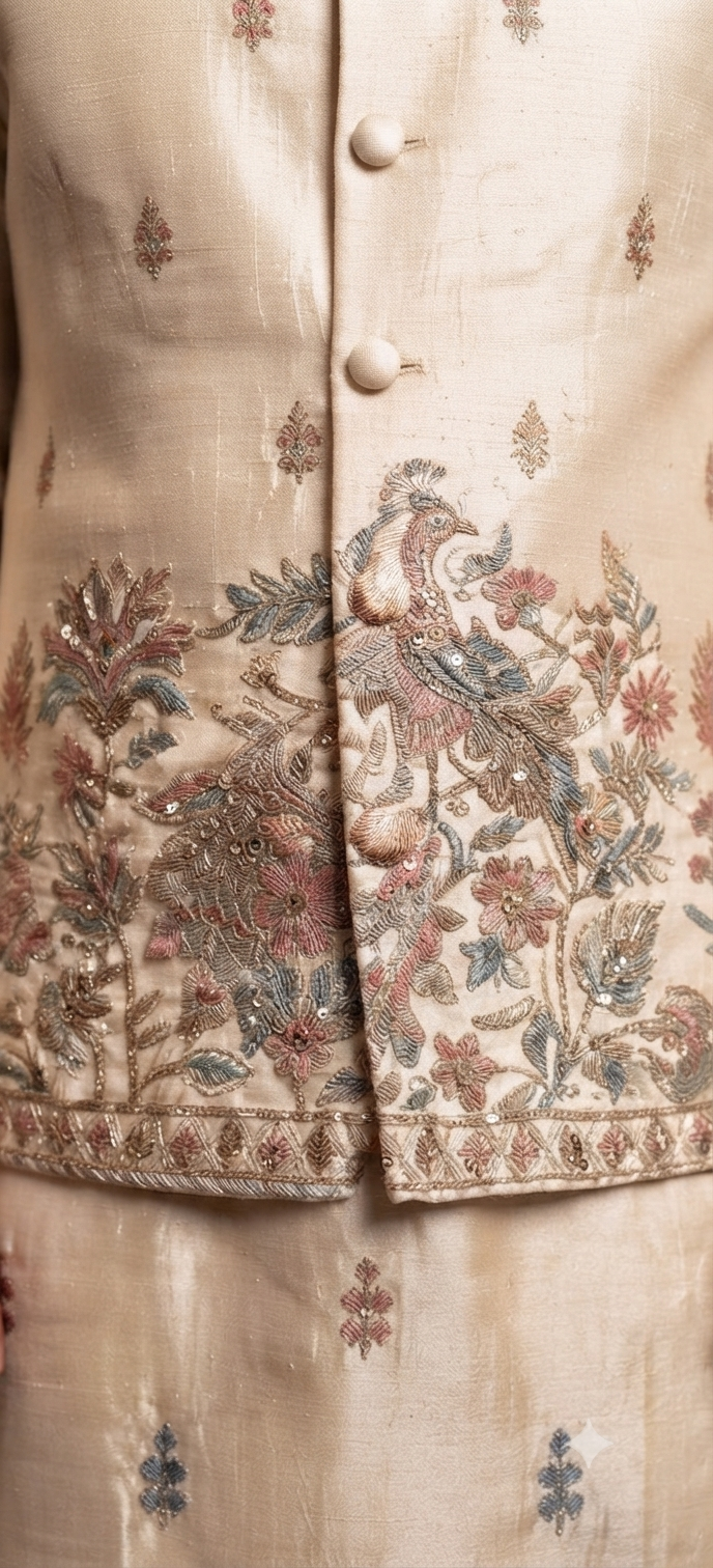 Ivory Silk Peacock Embroidered Jacket Kurta Set