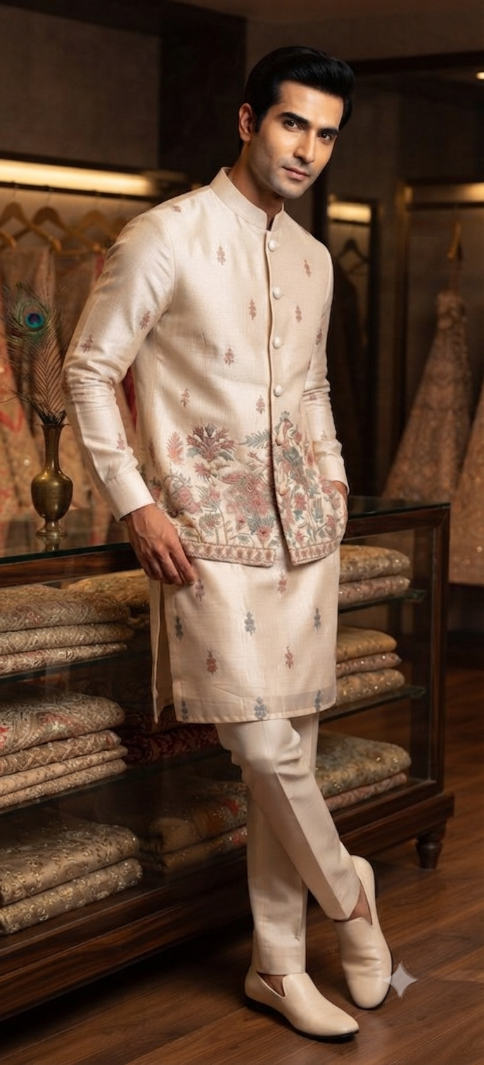 Ivory Silk Peacock Embroidered Jacket Kurta Set