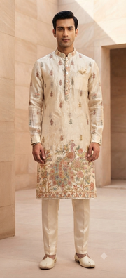 Ivory Peacock Embroidered Silk Kurta Set