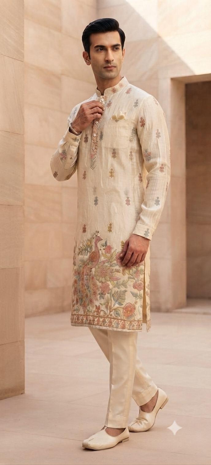 Ivory Peacock Embroidered Silk Kurta Set