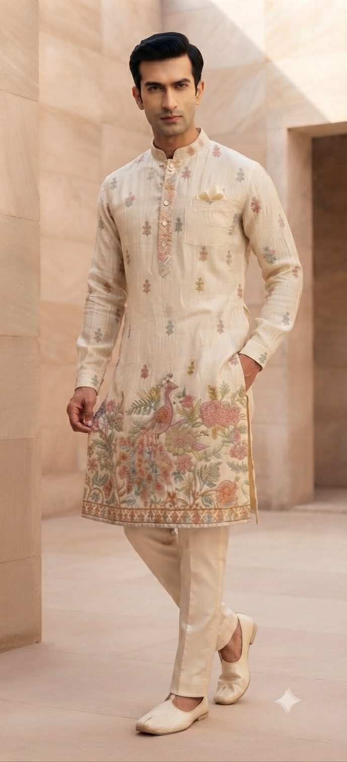 Ivory Peacock Embroidered Silk Kurta Set