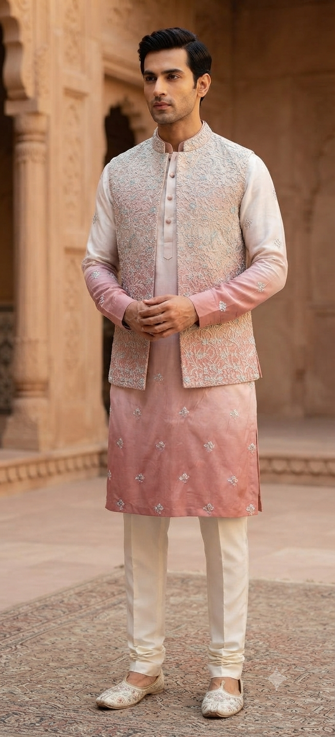 Peach & Ivory Ombre Nehru Jacket Set