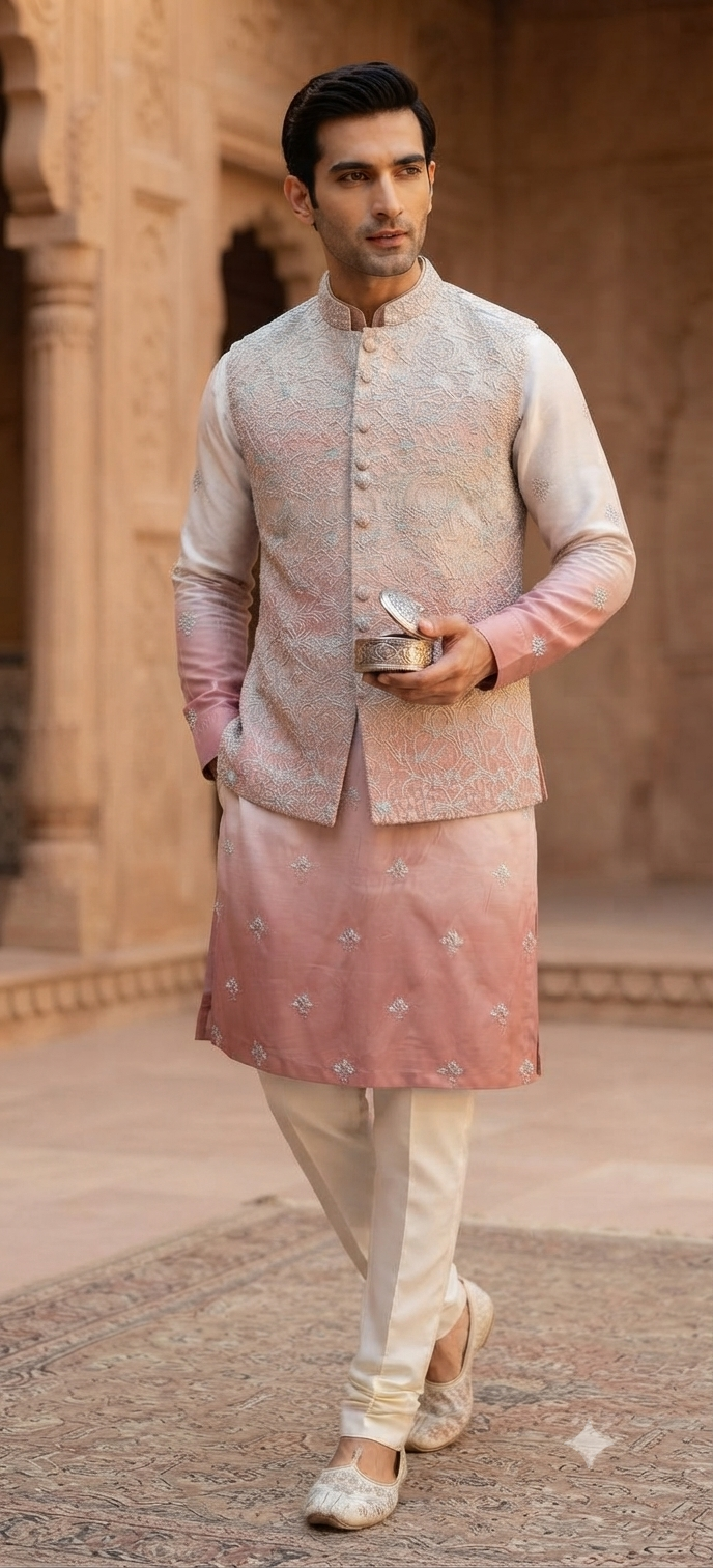 Peach & Ivory Ombre Nehru Jacket Set