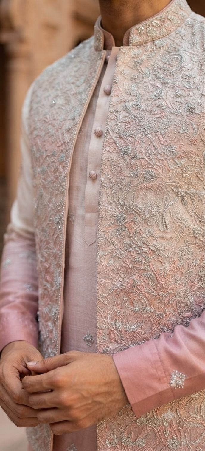 Peach & Ivory Ombre Nehru Jacket Set