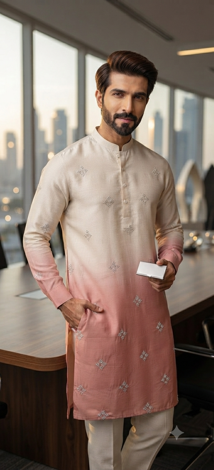 Cream and Dusty Rose Ombré Embroidered Kurta Set