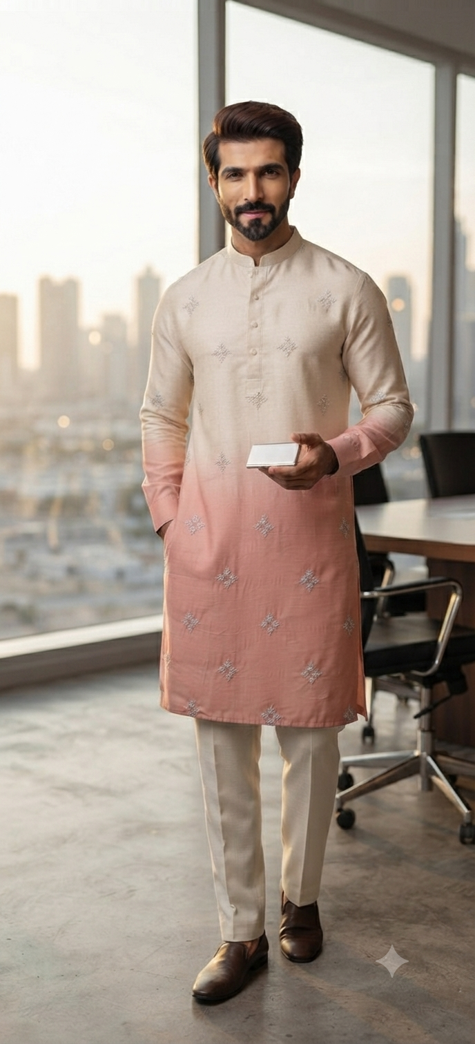 Cream and Dusty Rose Ombré Embroidered Kurta Set