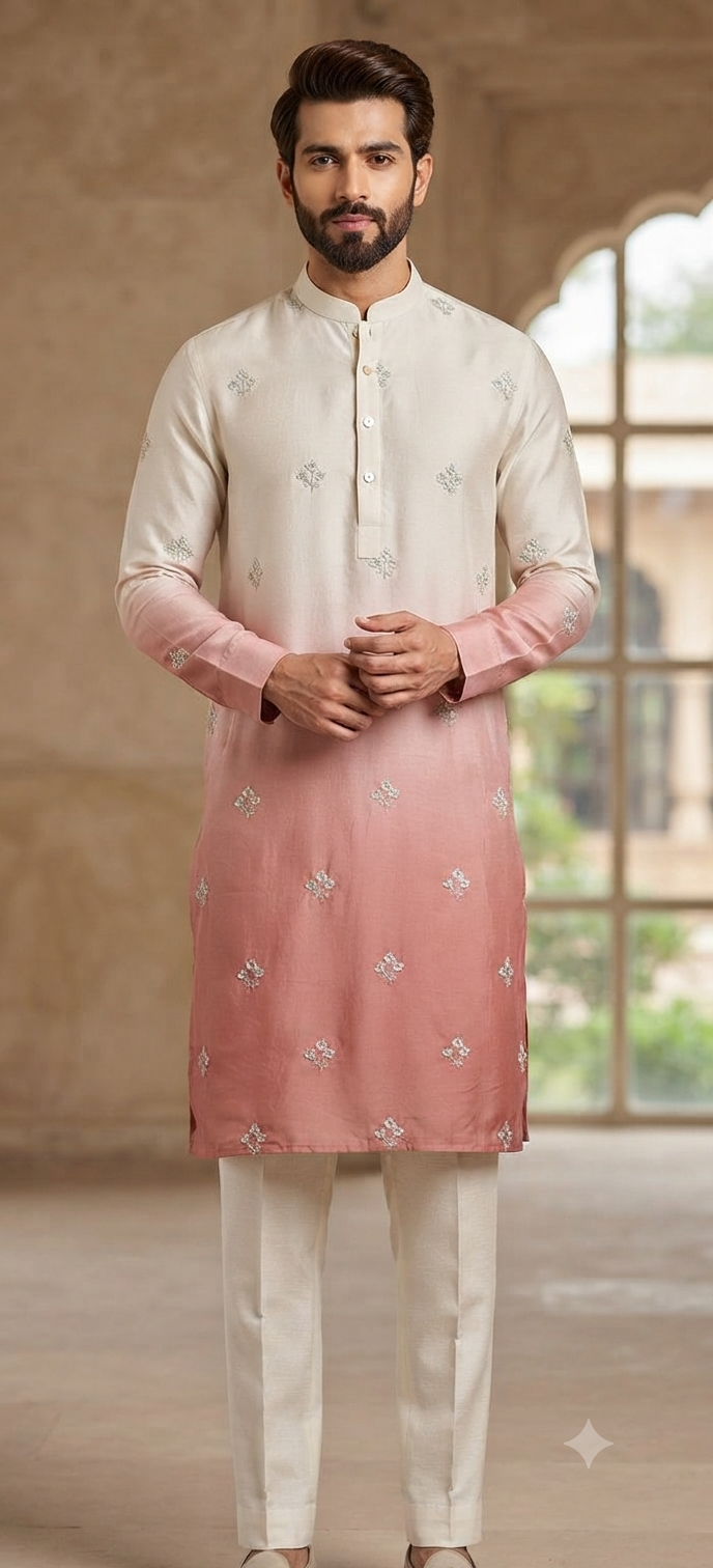 Cream and Dusty Rose Ombré Embroidered Kurta Set