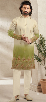 Cream and Olive Ombré Embroidered Kurta Set.