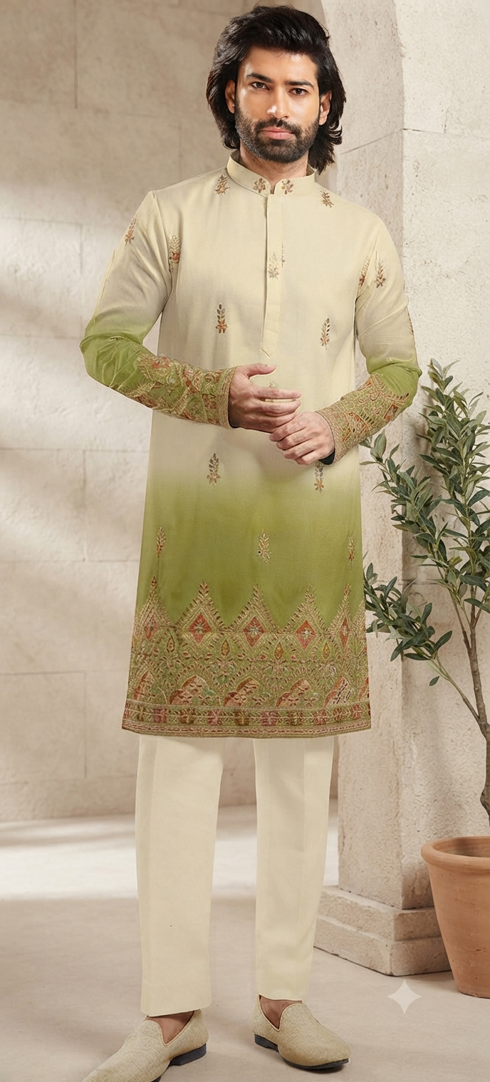 Cream and Olive Ombré Embroidered Kurta Set.