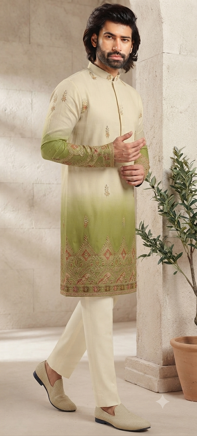 Cream and Olive Ombré Embroidered Kurta Set.