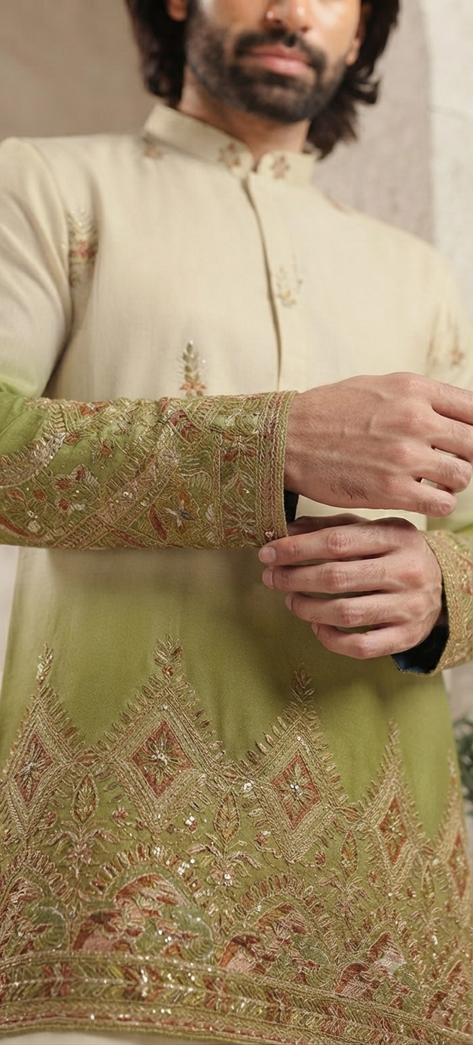 Cream and Olive Ombré Embroidered Kurta Set.
