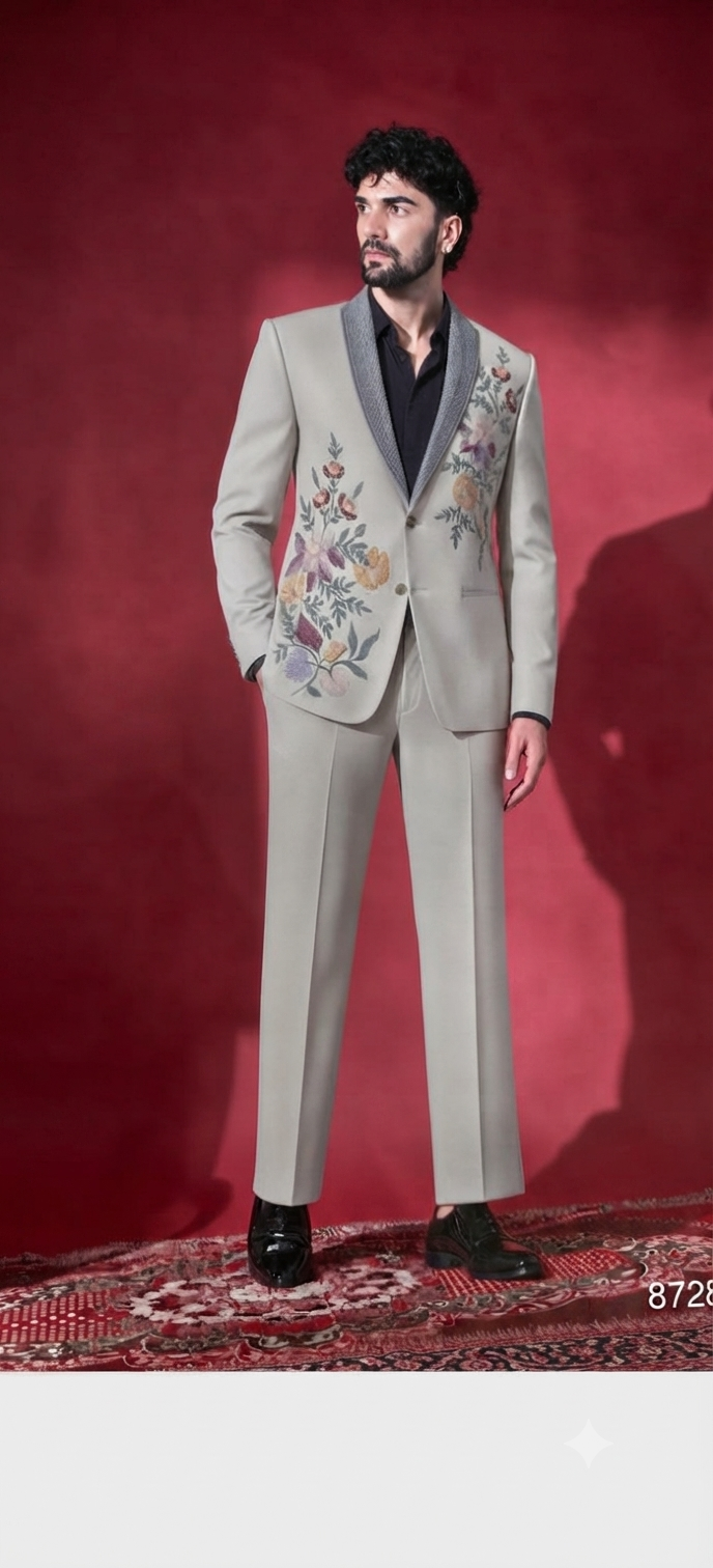 Beige Floral Embroidered Tuxedo