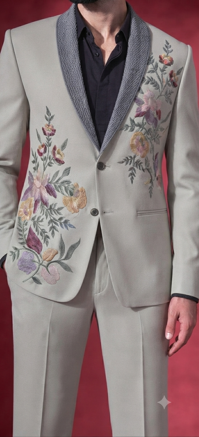 Beige Floral Embroidered Tuxedo