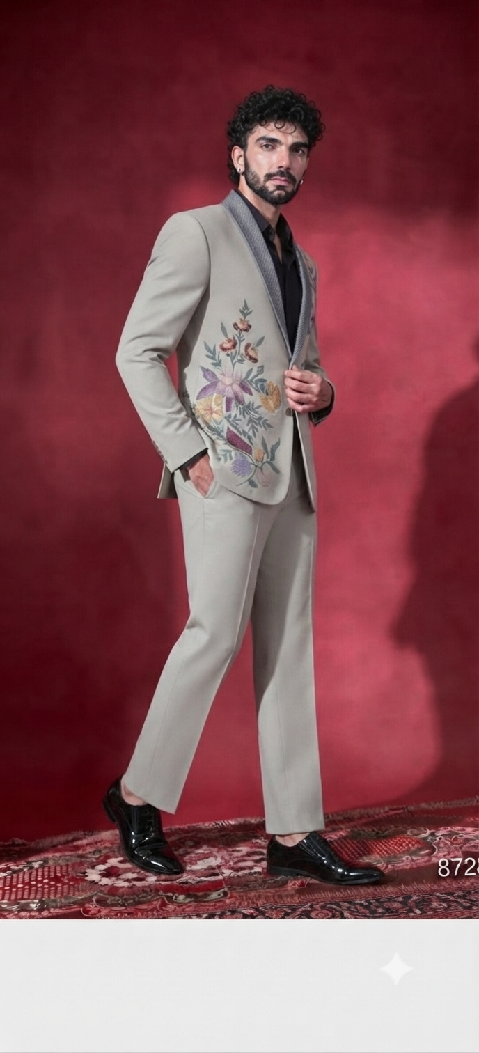 Beige Floral Embroidered Tuxedo