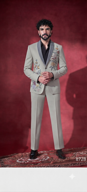 Beige Floral Embroidered Tuxedo