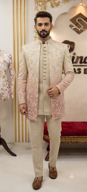 Premium Cream and Peach Ombré Embroidered Indo-Western Set