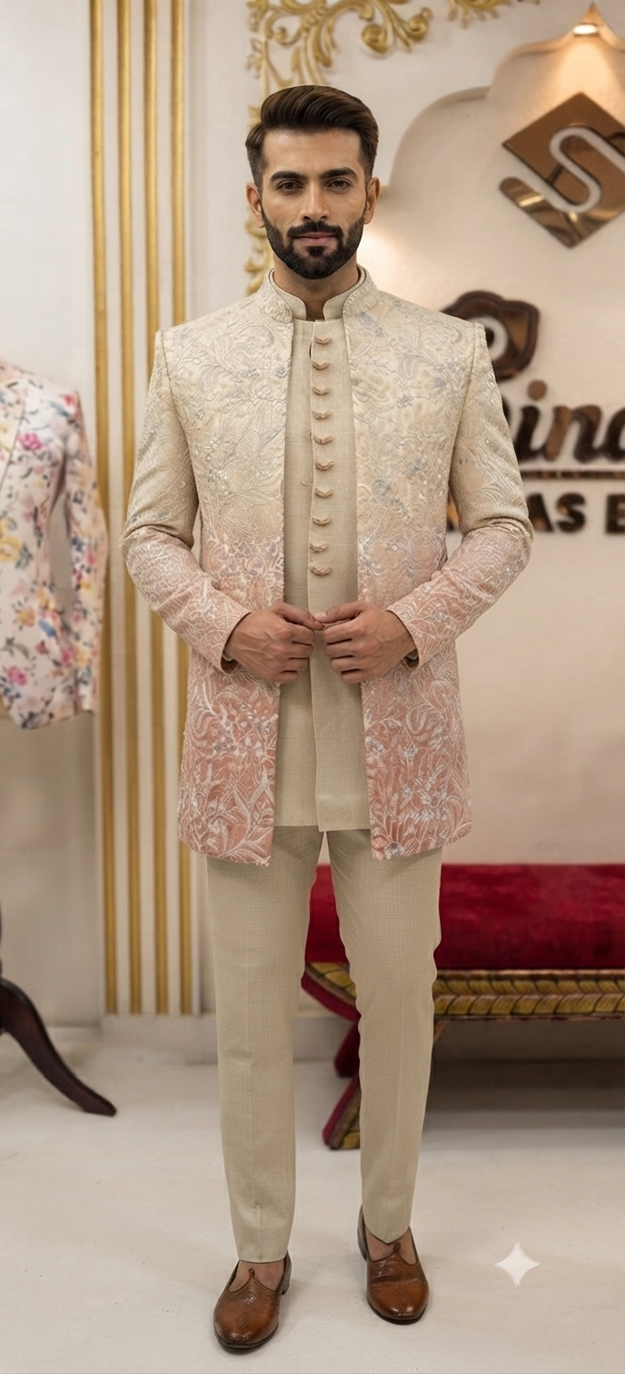 Premium Cream and Peach Ombré Embroidered Indo-Western Set