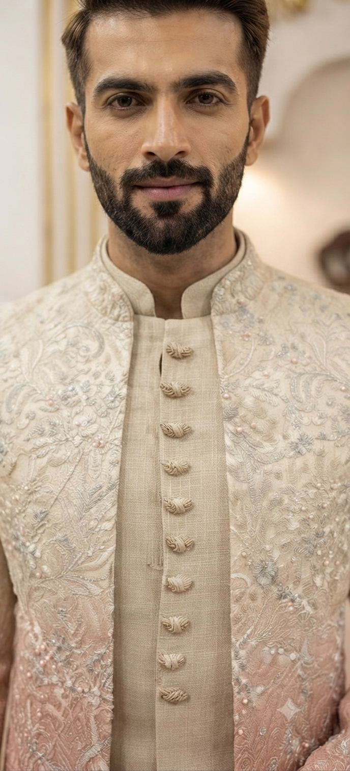 Premium Cream and Peach Ombré Embroidered Indo-Western Set