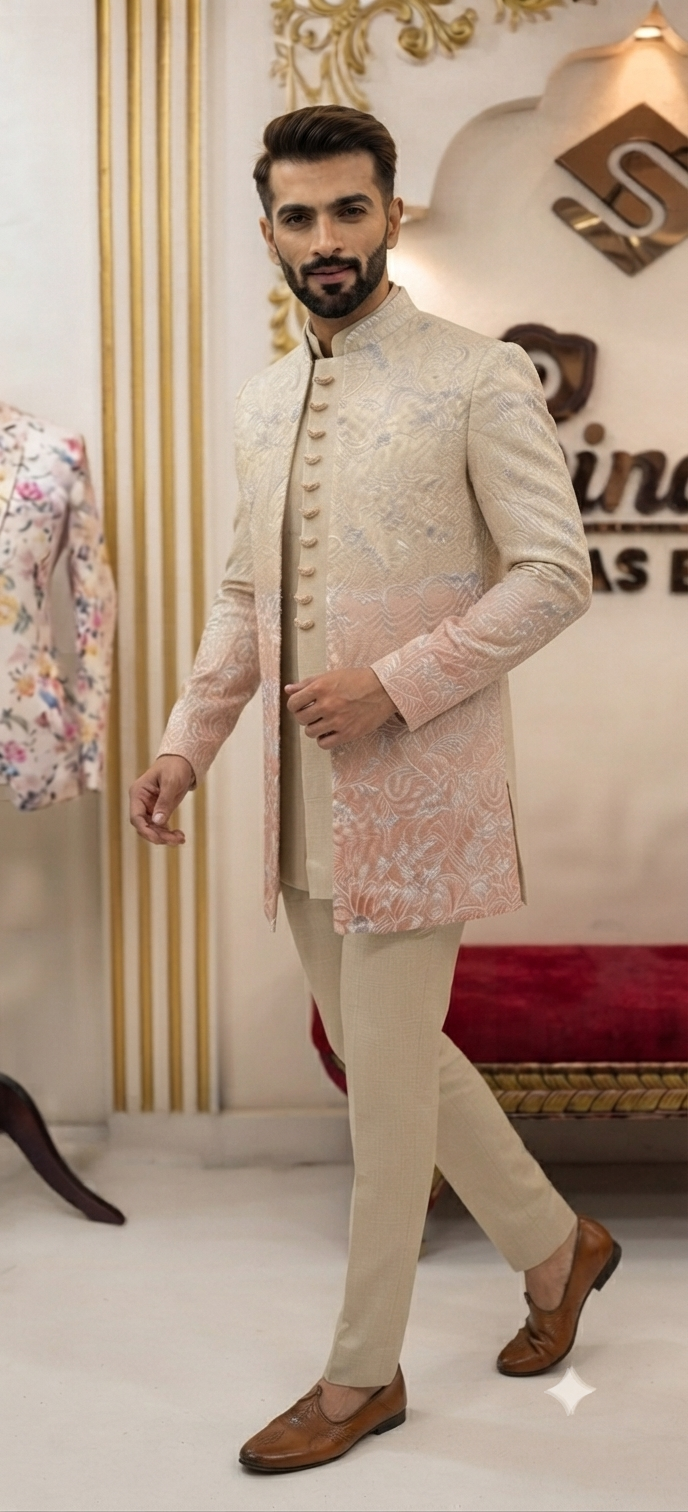 Premium Cream and Peach Ombré Embroidered Indo-Western Set