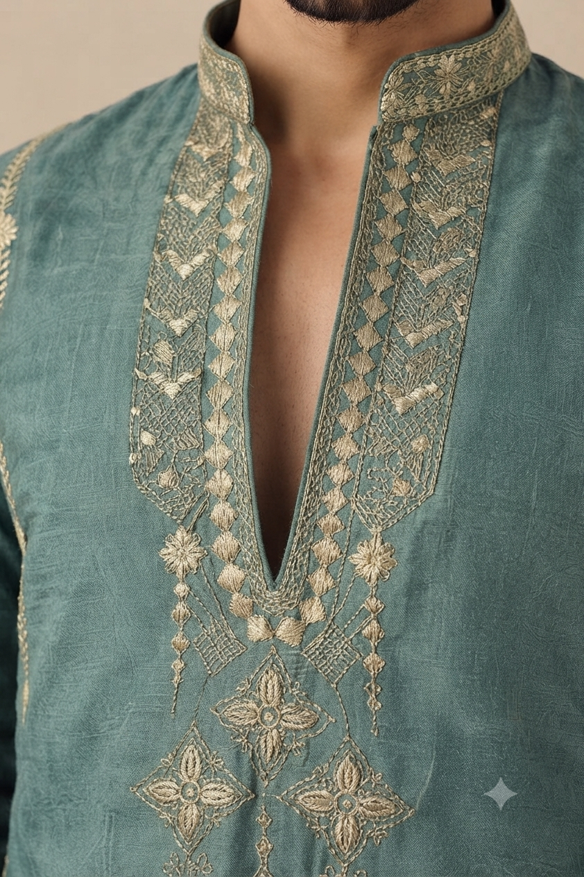 Teal Blue Embroidered Kurta