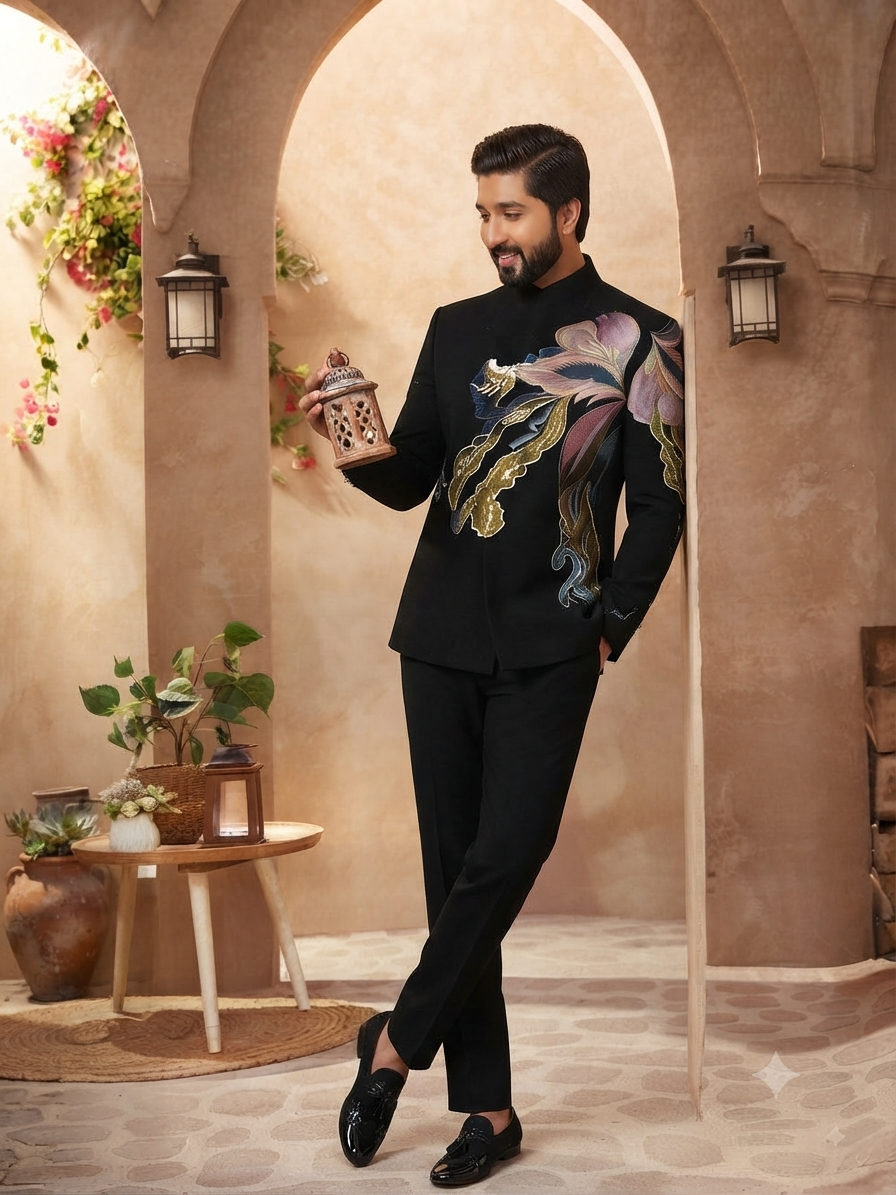 Black Botanical Embroidered Bandhgala Suit