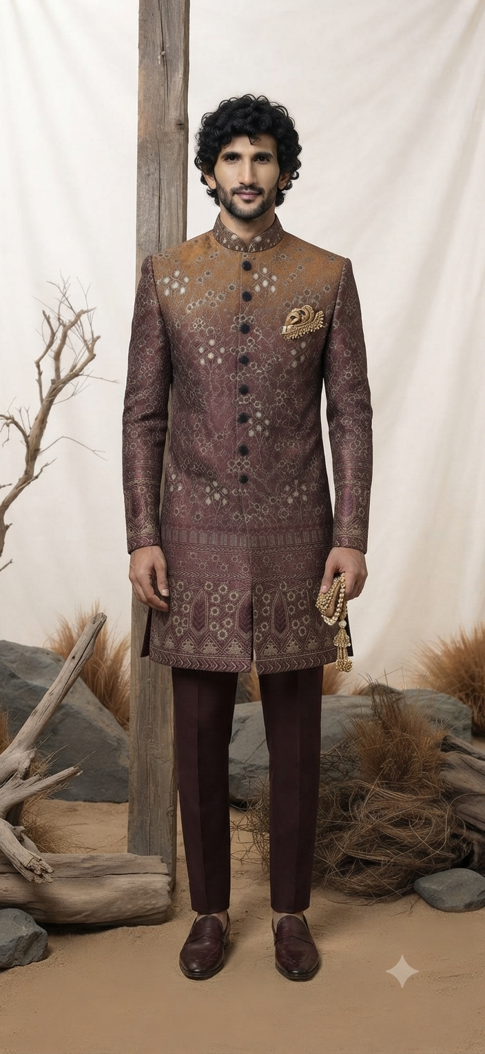 Mocha Brown Embroidered Indo Westen