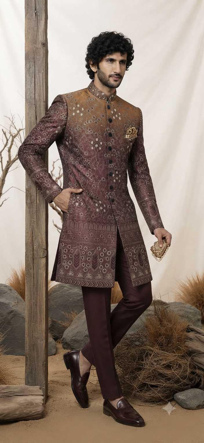 Mocha Brown Embroidered Indo Westen