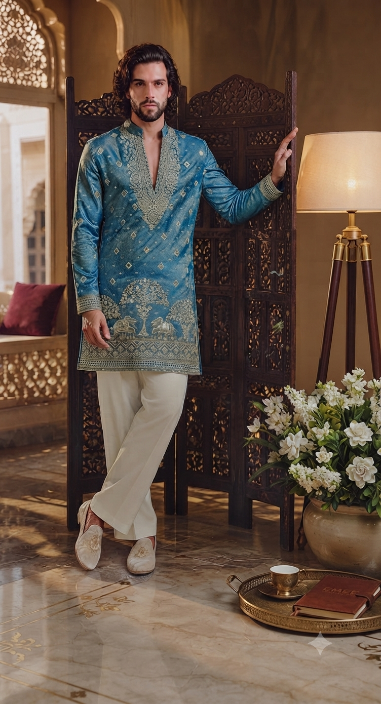 Regal Turquoise Embroidered Kurta Set