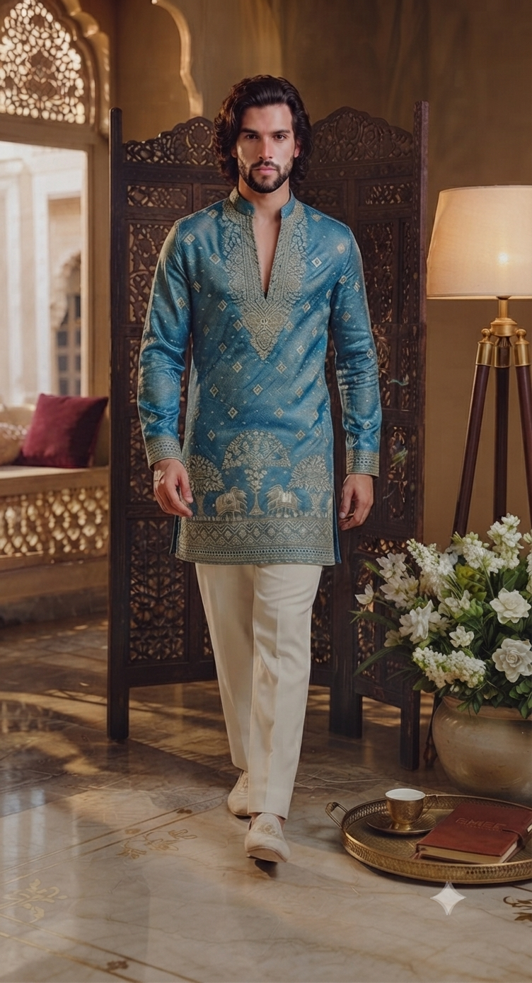 Regal Turquoise Embroidered Kurta Set