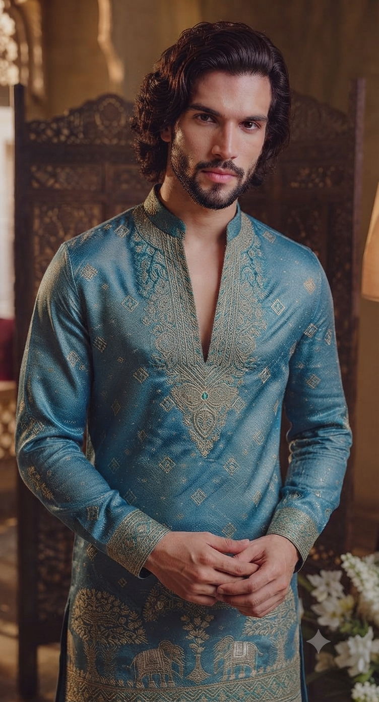 Regal Turquoise Embroidered Kurta Set