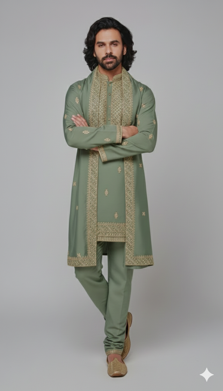 OLIVE GREEN KURTA PAJAMA WITH DUPATTA