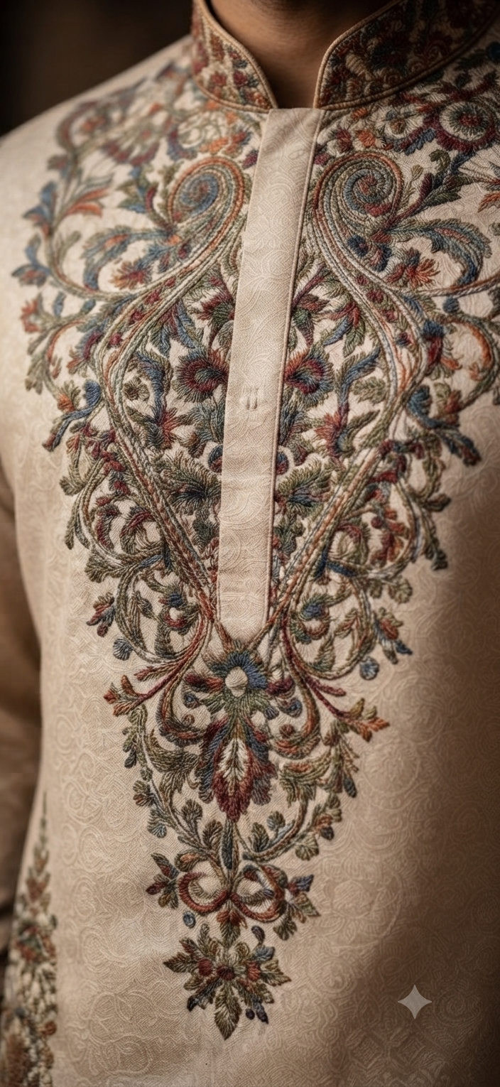 Beige Embroidered Silk Kurta Set