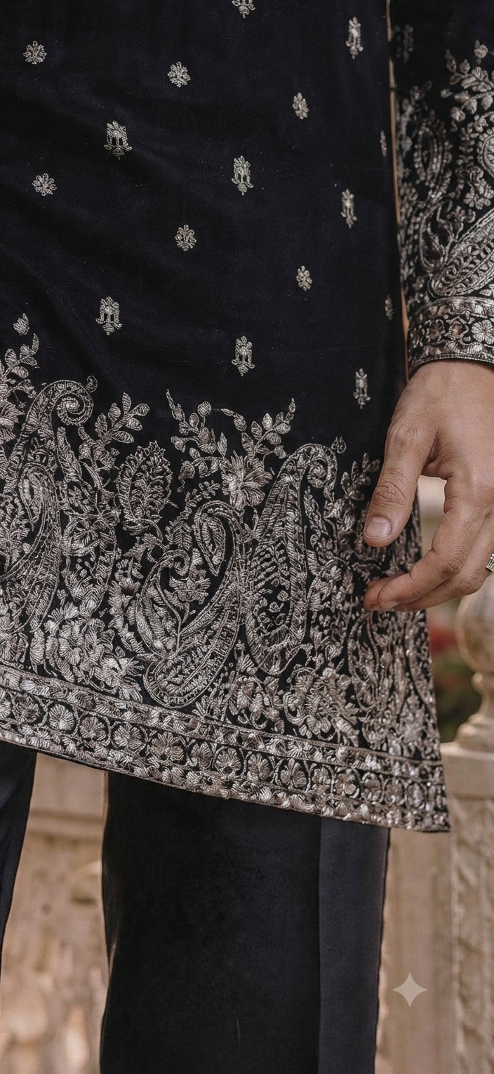 Black Embroidered Silk Kurta