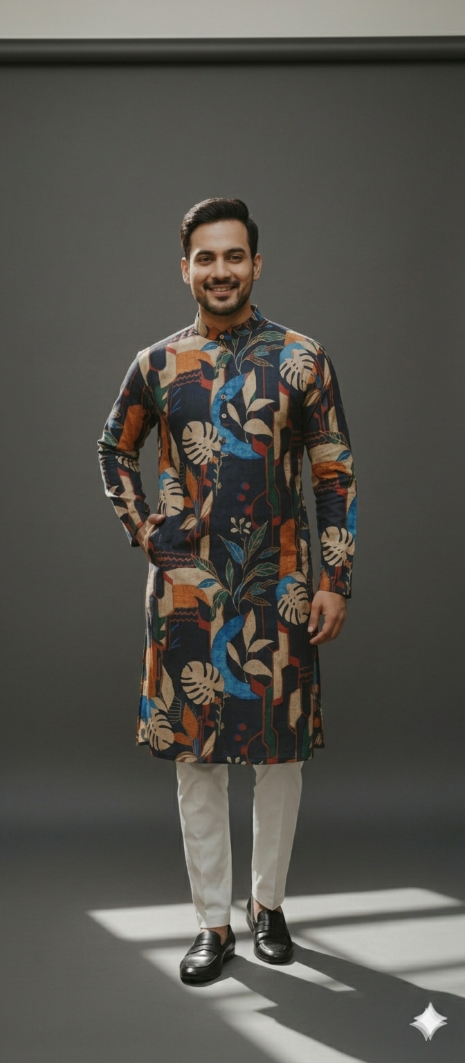 A DEEP NEVI BLUE PRINTED KURTA