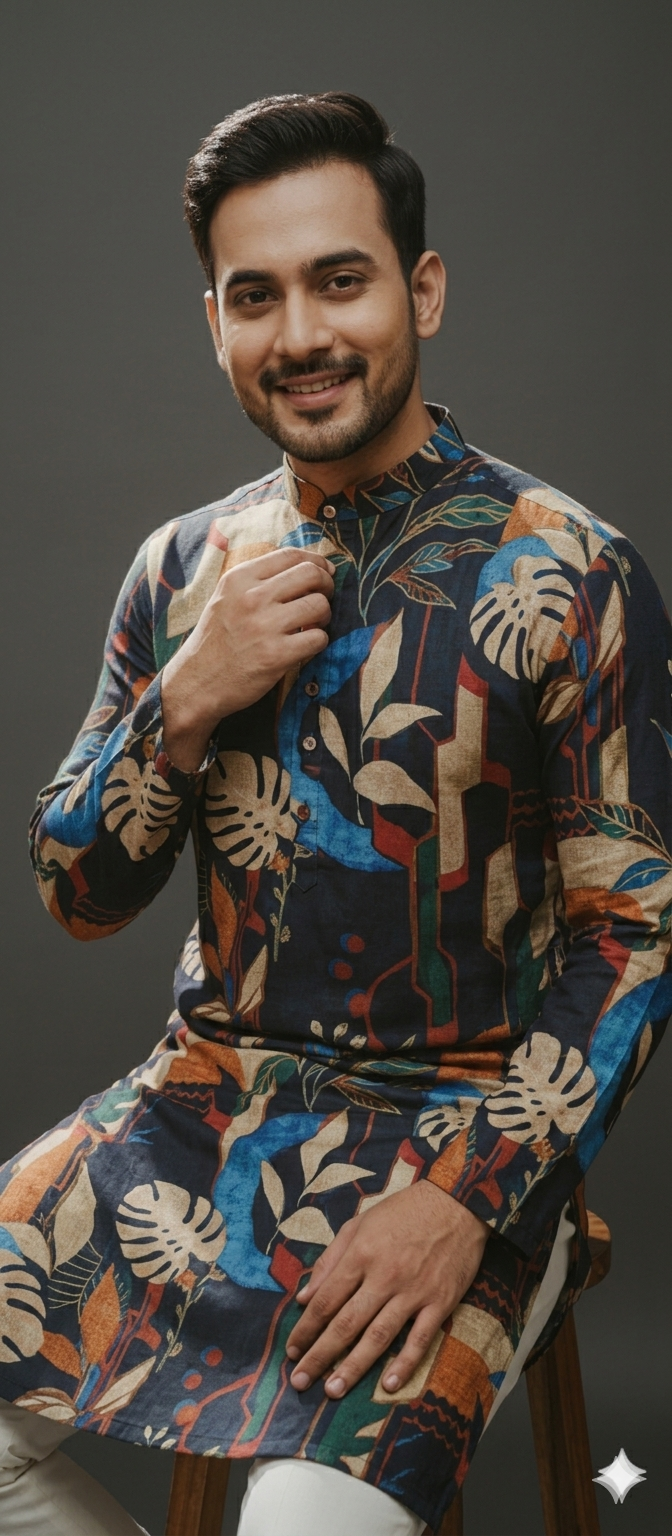 A DEEP NEVI BLUE PRINTED KURTA