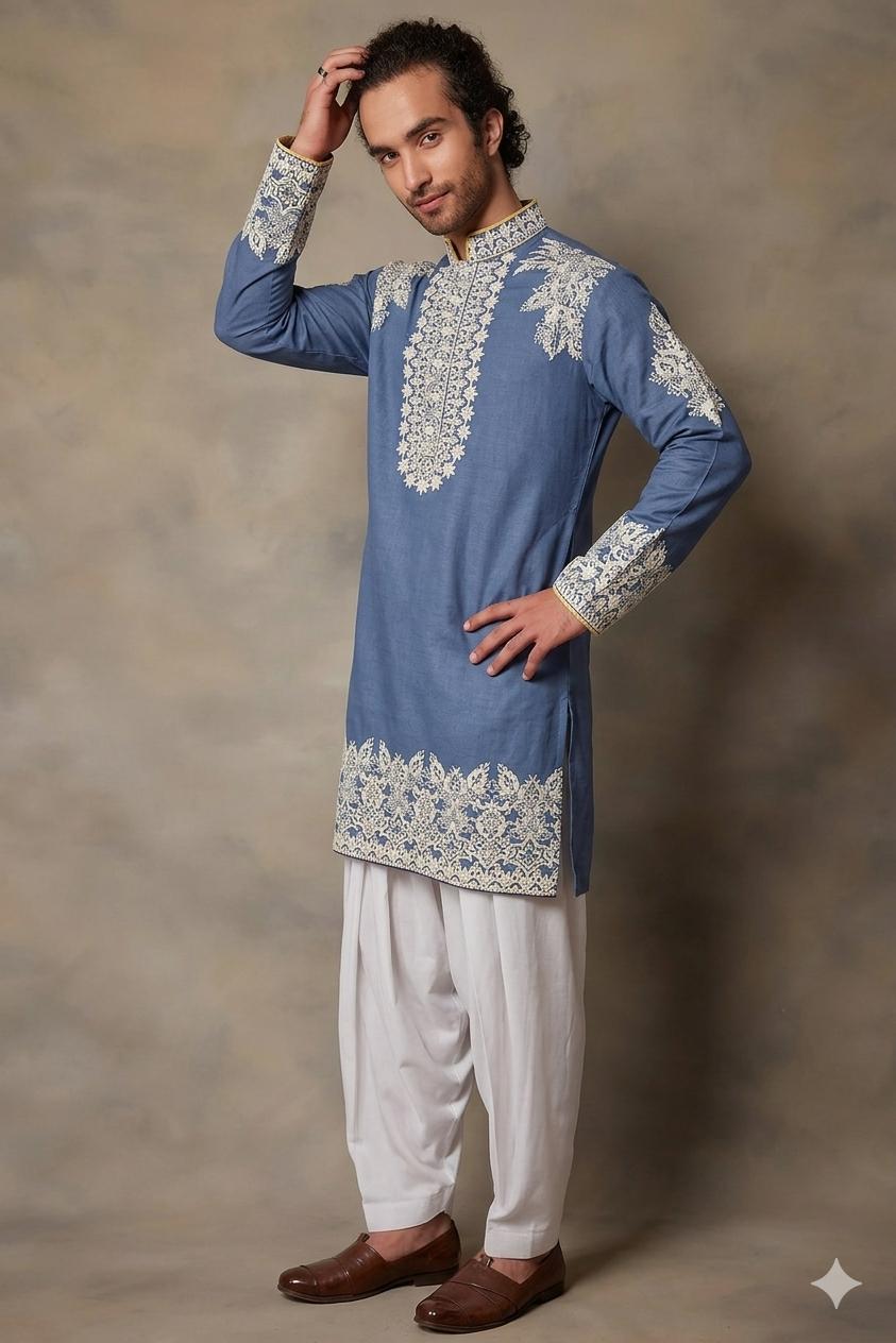 MET BLUE HAVE WORK KURTA WITH SALWAR DHOTI
