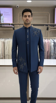 A RICH BLUE OPEN JODHPURI AND JACKET WITH ZADOSI BEADWORK