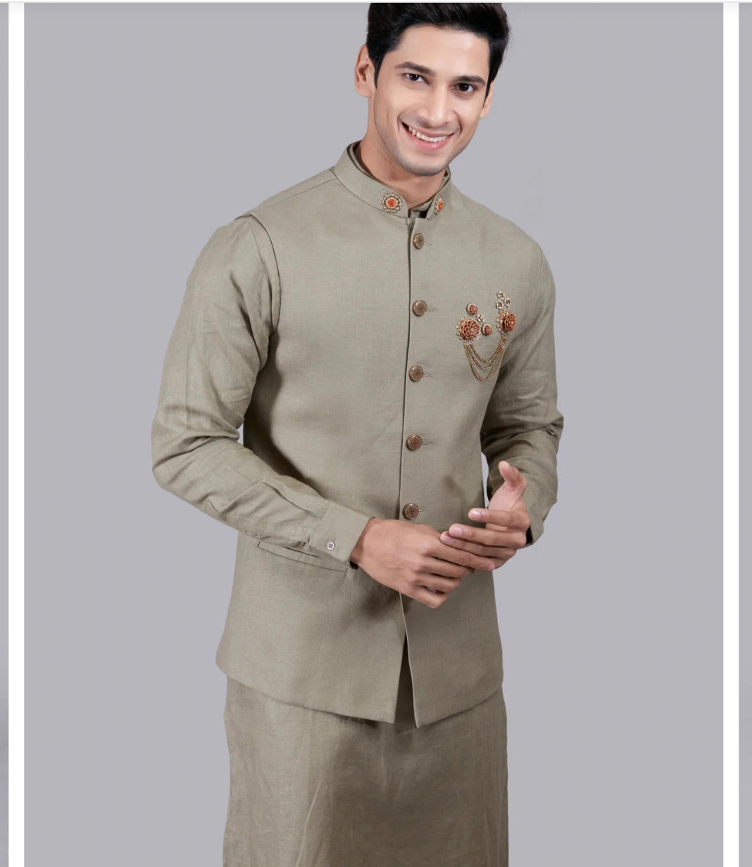LINEN BLEND MODI JAKET AND KURTA