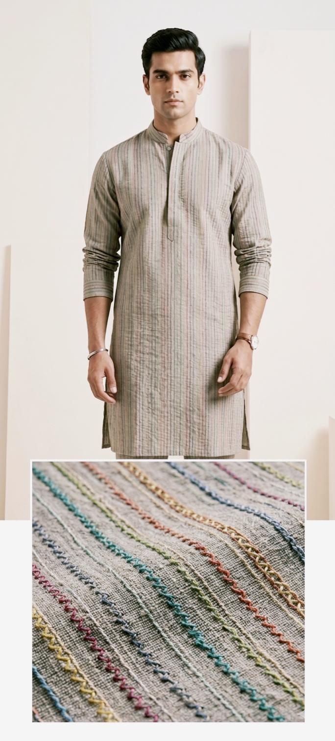 Light Grey Multy-Color Striped Kurta