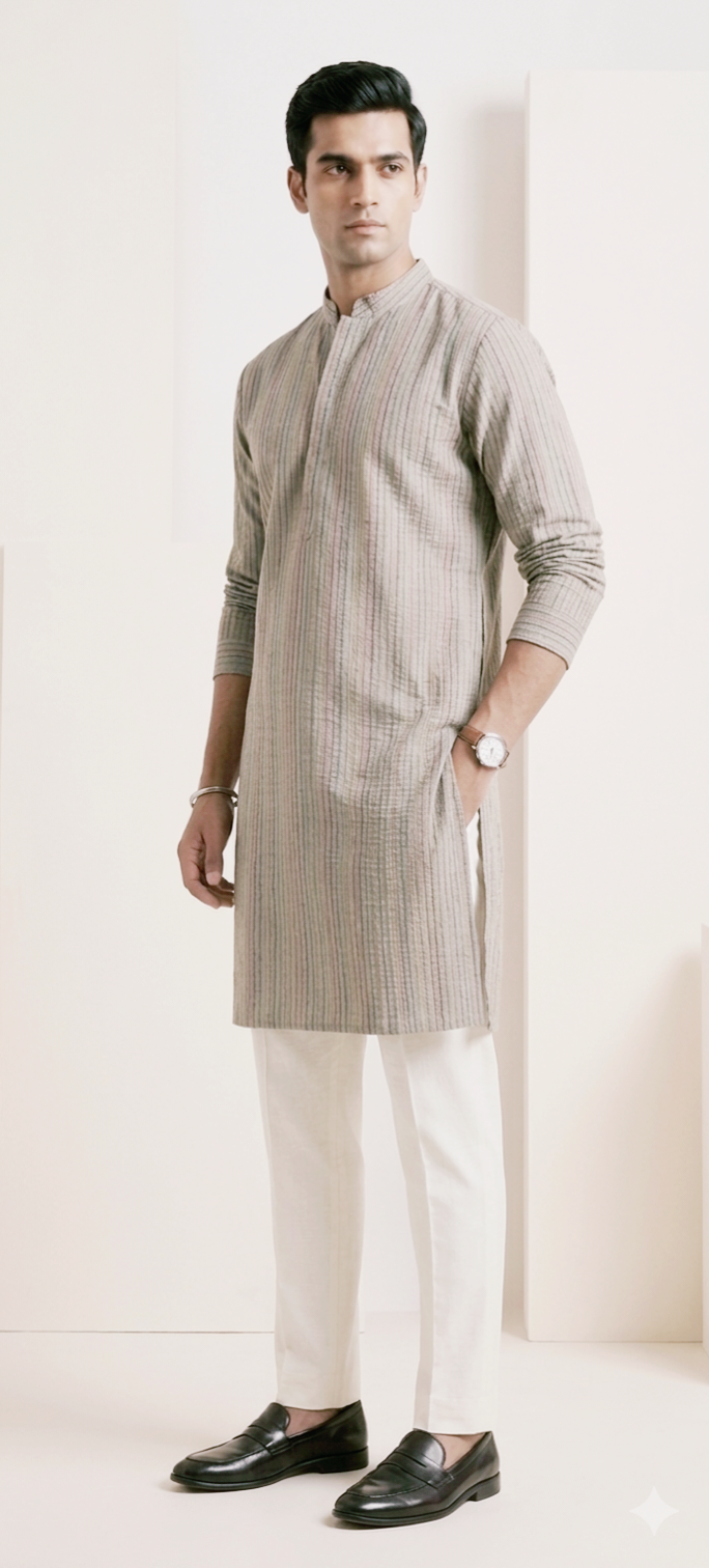 Light Grey Multy-Color Striped Kurta