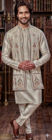 Ivory Silk Kurta and Nehru Jacket Set