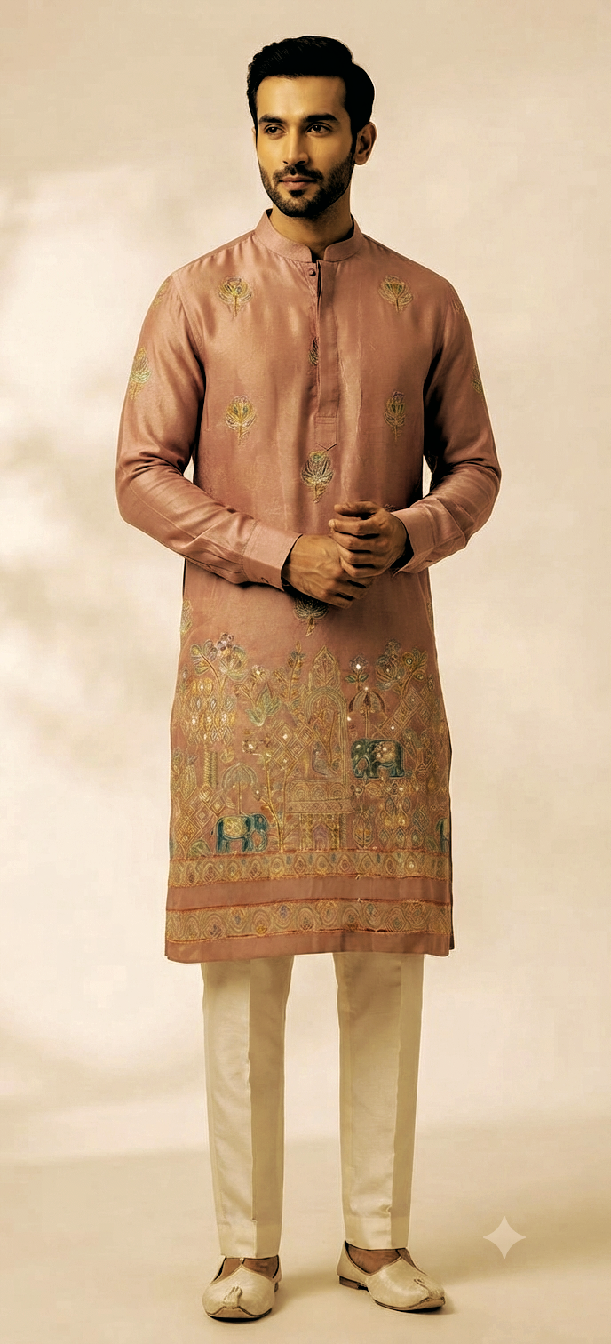 Rose Pink Motif Embroidered Silk Kurta Set