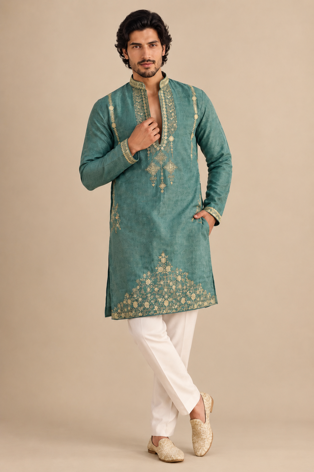 Teal Blue Embroidered Kurta