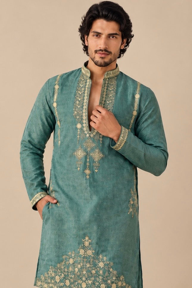 Teal Blue Embroidered Kurta