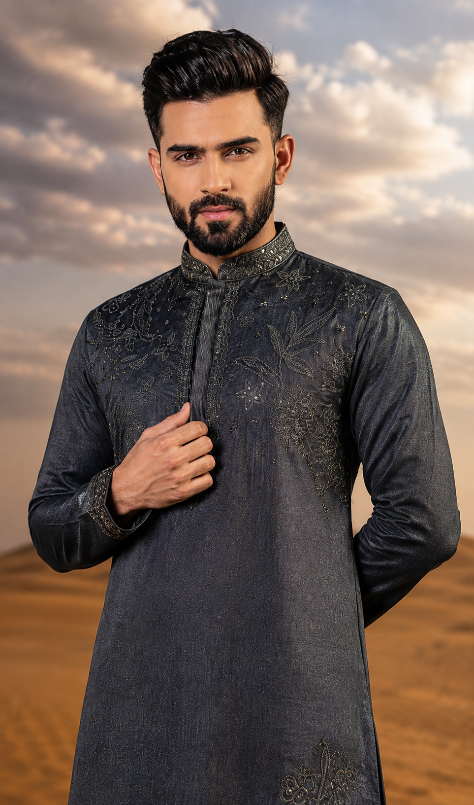Charcoal Grey Embroidered Kurta Set
