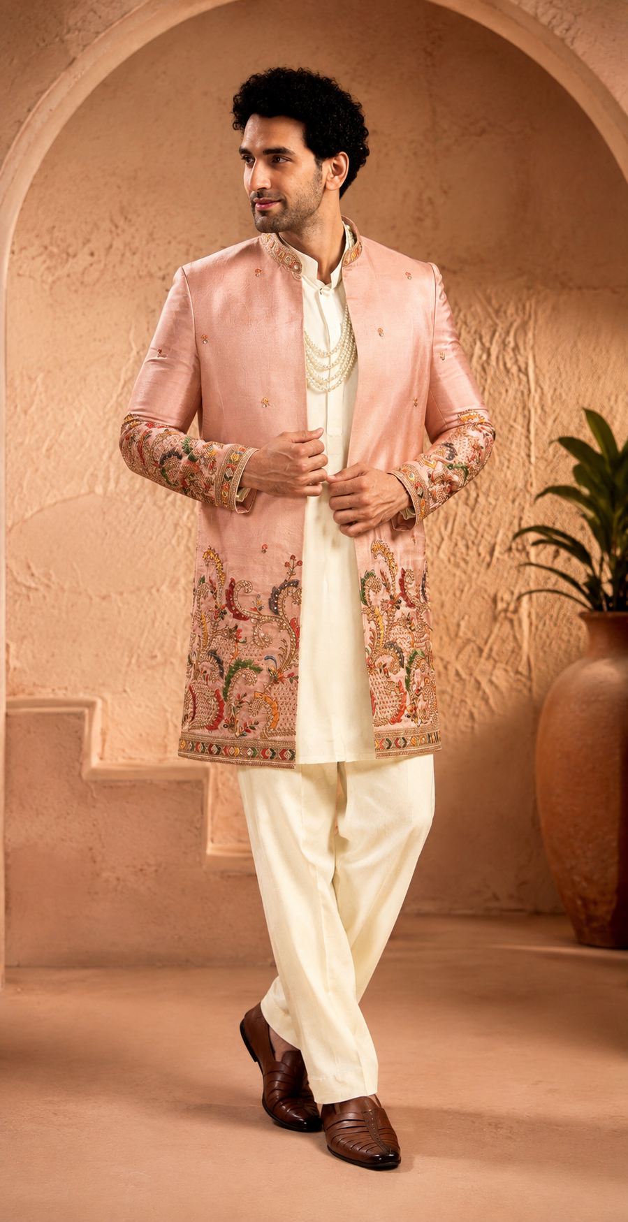 Pastel Pink Embroidered Indo-Western Sherwani Set