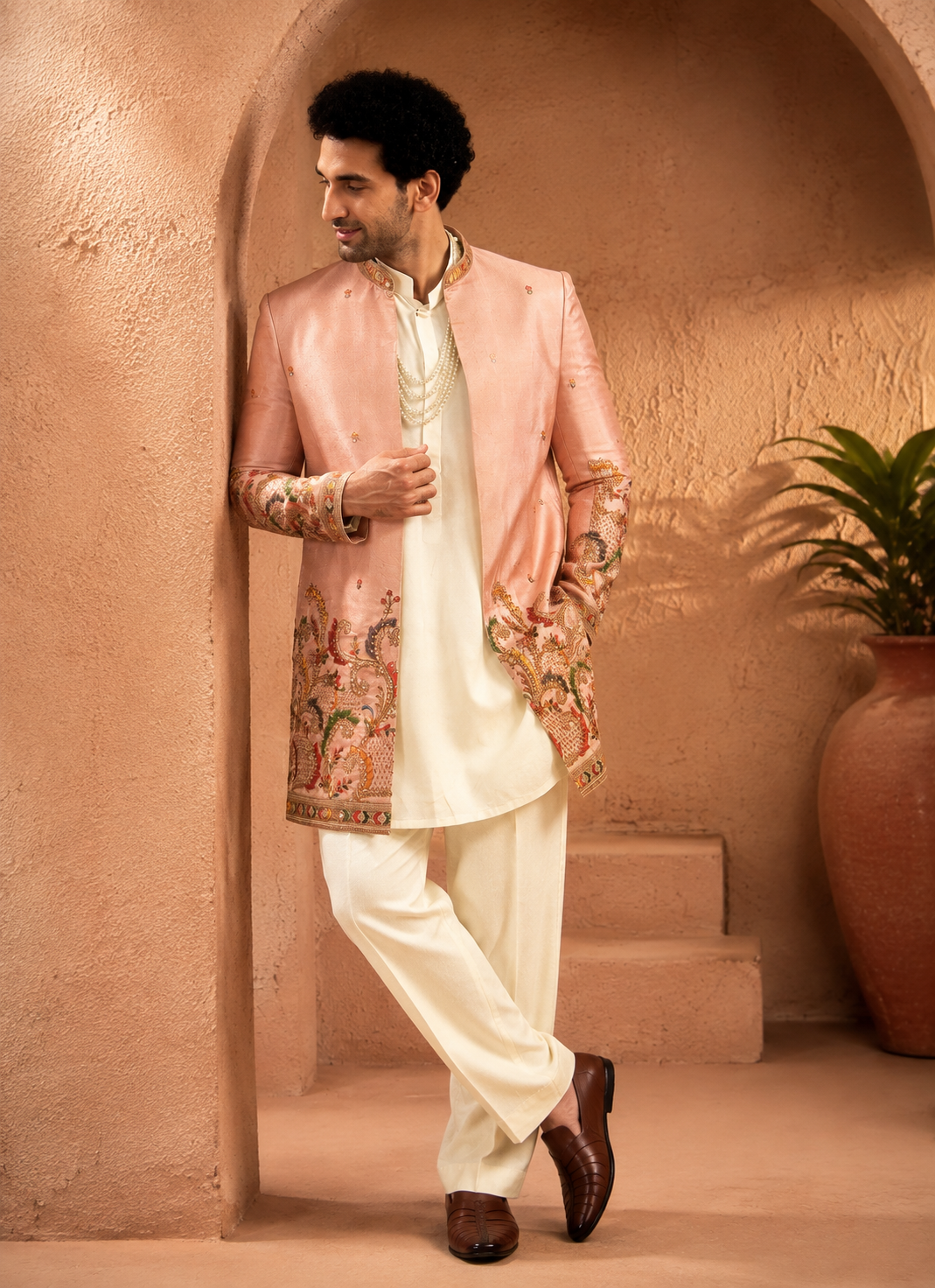 Pastel Pink Embroidered Indo-Western Sherwani Set