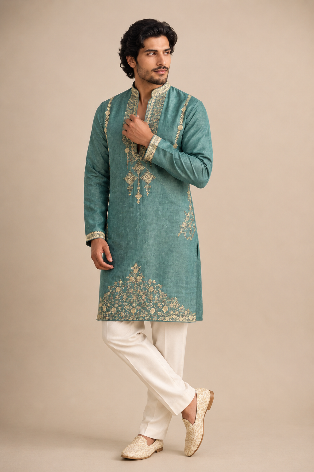 Teal Blue Embroidered Kurta